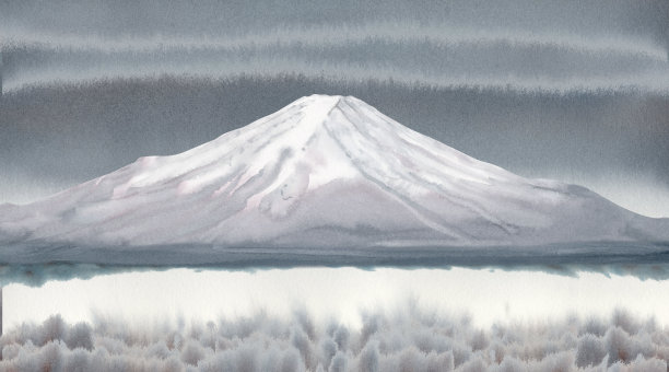 水彩画的冬季景观与富士山灰蓝色的雪峰，与白雪覆盖的树木和灌木，冰冻的水图片下载
