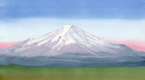 春夏风景的水彩画，富士山有一个蓝灰色的雪峰，粉红色的日出映衬着蓝天和绿色的草地图片下载