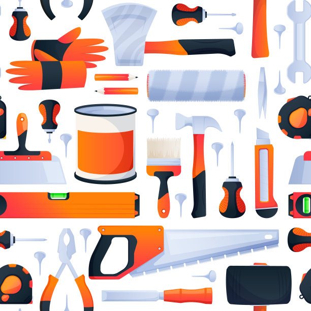 修理工具图案。木工工具的无缝打印。手锯、镐、螺丝刀、扳手和镘刀。向量的背景图片下载