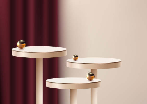 3D现实现代豪华风格的金色圆桌或讲台装饰与金色的球和红色的窗帘背景在米色的背景图片下载