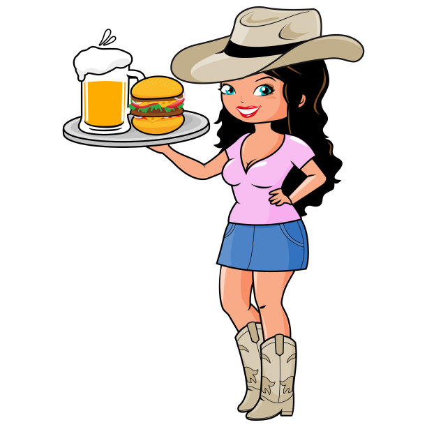 一个女牛仔服务员在端汉堡包和冰啤酒。矢量图图片下载