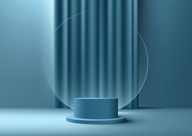 3D真实感产品展示现代豪华风格的蓝色空讲台，蓝色窗帘，蓝色背景上的透明玻璃圆背景图片下载