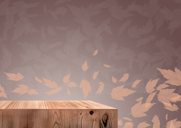 木制展览平台。3 d背景。米色和棕色。背景中的落叶，3D渲染图片下载