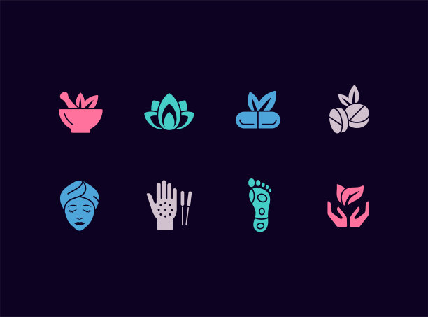 替代医学矢量图标集。自然疗法，瑜伽和水疗图标。有机纯素化妆品。图片下载