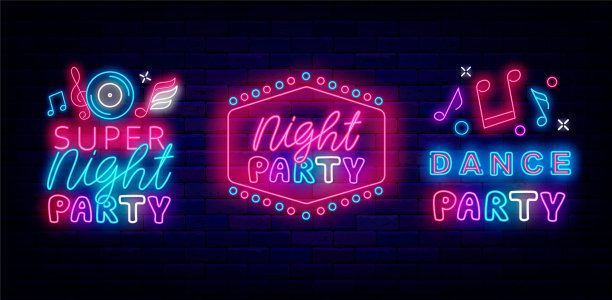 超级夜派对霓虹标签集合。黄昏表演传单。夜光俱乐部广告。矢量股票插图图片下载