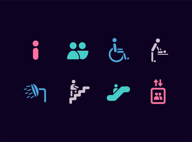 机场航站楼，购物中心，公共空间服务导航矢量图标集图片下载