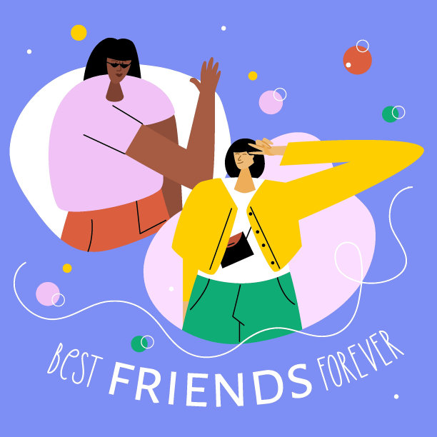 一对朋友，青少年和短语永远的好朋友。他们很有趣，庆祝友谊日。矢量插图适合明信片、海报、网站或UI UX设计。图片下载