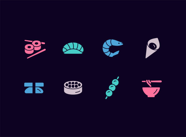 亚洲食物矢量图标集。寿司，米饭，面条图标。日本餐厅的菜单。图片下载