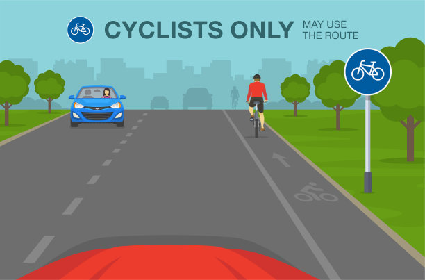 开车。仅供脚踏单车使用的道路标志。蓝色交通标志的含义。骑自行车的人的后视图。图片下载