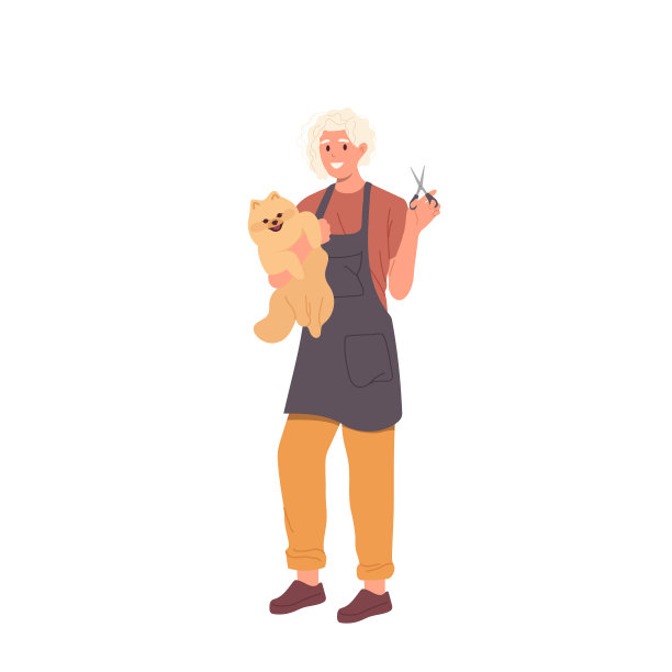 女宠物美容师抱着小狗和剪刀，孤立地站在白色背景上图片下载
