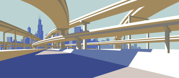 阳光下的高速公路立交桥和城市天际线图片下载