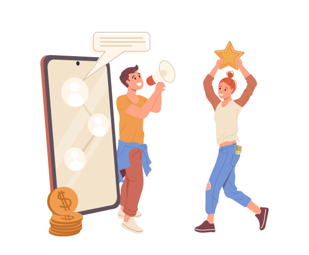 男人宣布推荐计划的好处，高兴的女顾客加入邀请图片下载