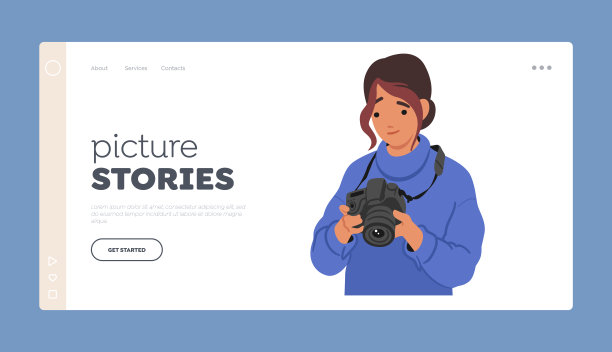 图片故事登陆页面模板。年轻女子手持相机，捕捉瞬间图片下载