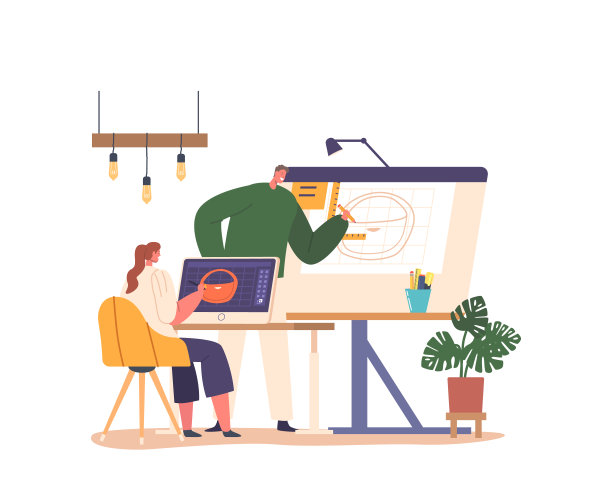 设计师女性角色使用平板电脑创建一个时尚的包设计项目，数字化制作独特的设计图片下载