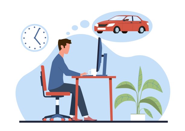 商人努力工作，想买一辆漂亮的现代新车。财务目标。男人坐在办公桌前，在电脑上工作，办公室工作场所。卡通平面孤立插图。矢量经营理念图片下载