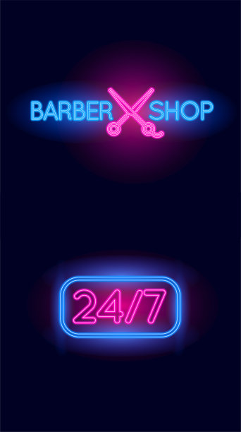理发店霓虹灯招牌集。24小时开放。图片下载