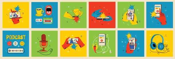 新闻概念，在线观看视频，播客，脱口秀，电视应用，直播。手持智能手机，屏幕上有麦克风。矢量插图在平面风格图片下载