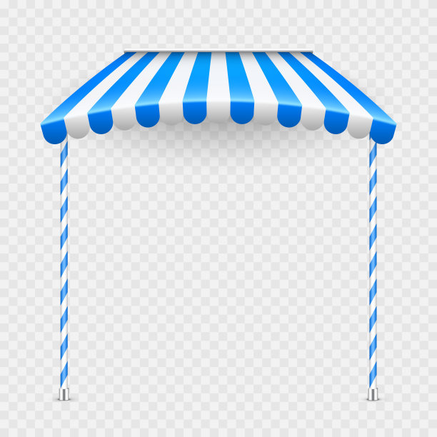 带有支架的蓝色商店遮阳伞。逼真的条纹咖啡馆遮阳篷。露天市场帐篷。屋顶树冠。夏街商店。矢量图图片下载