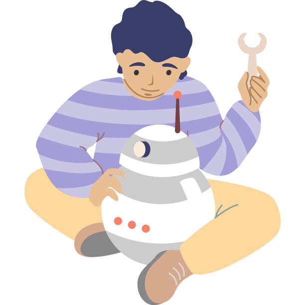 男孩小学生学习机器人学科矢量图标孤立的白色背景图片下载