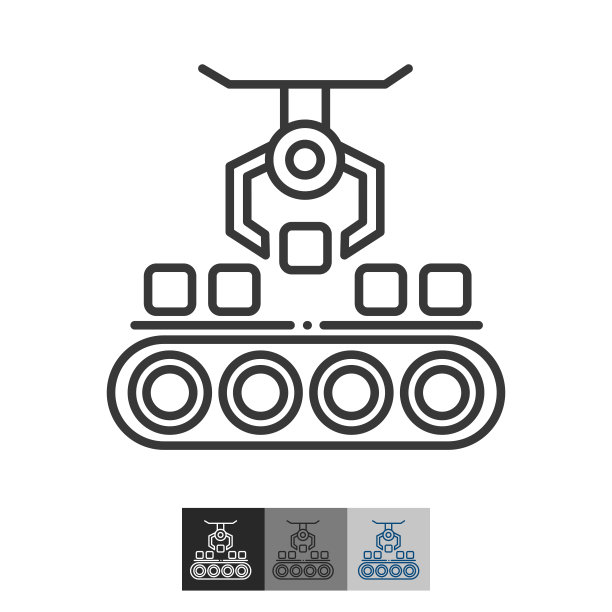 矢量线性图标与自动化工厂设备。工业机械、自动化生产线。图片下载
