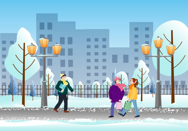 人们在城市公园。冬天的风景。灯笼和长椅，城市高楼大厦。图片下载