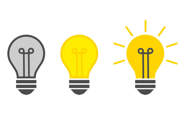一组悬挂的灯泡，其中一个发光。时尚的平面矢量灯泡图标与概念的想法在白色背景上。图片下载