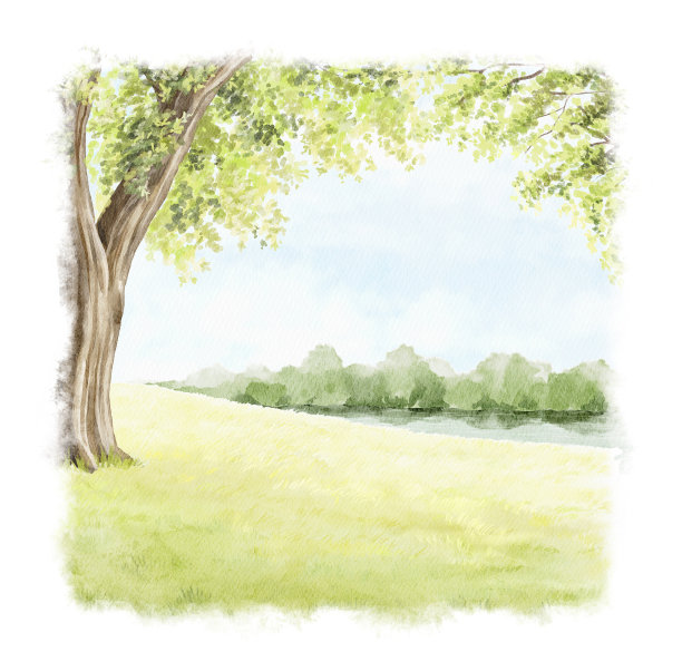 水彩卡通构图与春天的绿色景观与树木，河流和草图片下载