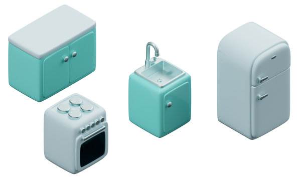 厨房家具和电器。等距视图。三维渲染图片下载