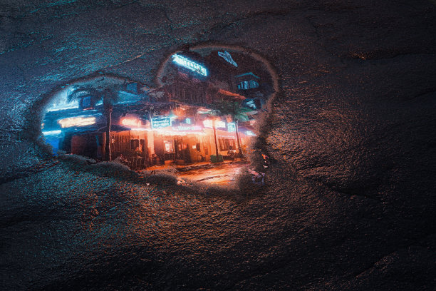 爱东京概念。市中心夜晚霓虹灯街在心形水坑中的反射。3d渲染图片下载