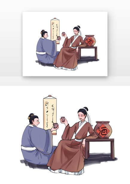漫画风古风男子喝酒聚会元素图片下载