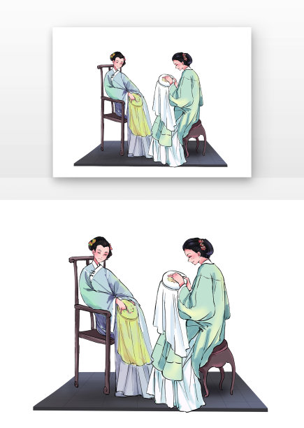 绿色漫画风古风女子聊天刺绣元素图片下载
