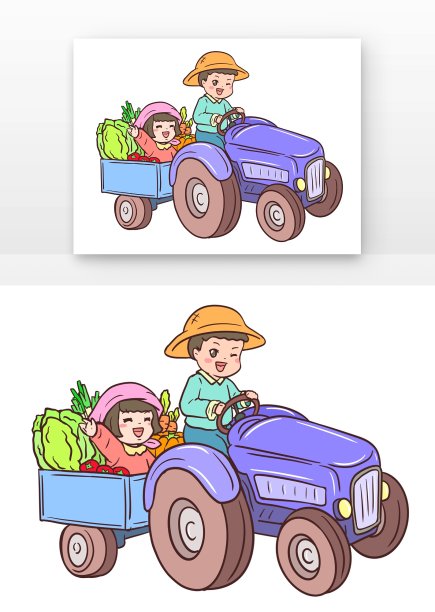 手绘卡通农民用拖拉机拉农产品图片下载
