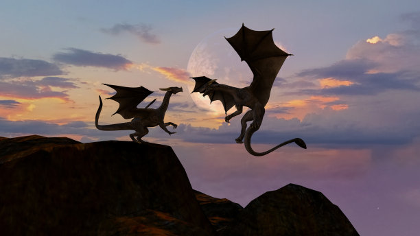 两条龙的插图，一条在飞，一条坐在山顶上，背景是月亮。图片下载