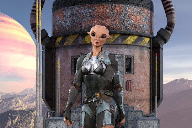 这是一个外星人的插图，他有一双黑色的大眼睛，穿着探索服，在外星世界的圆柱形入口前向前看。图片下载