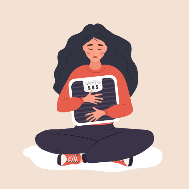 饮食失调。悲伤的女孩抱着体重秤，担心自己超重。食物上瘾。暴食症或厌食症的概念。矢量插图在平面卡通风格图片下载