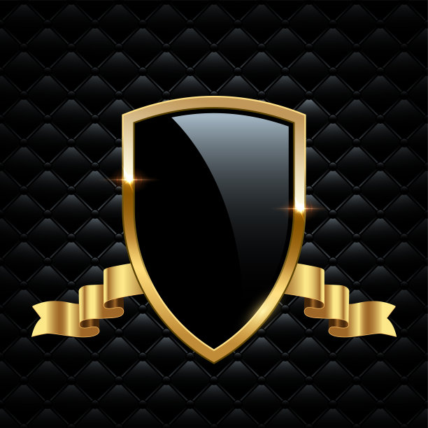 玻璃盾牌与金框架和丝带。金属纹章标志矢量插图。复古的豪华元素与闪亮的火花。纹章徽章，古董金色装饰黑色VIP背景图片下载