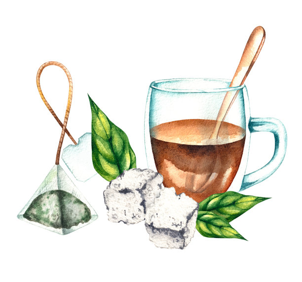 水彩画的茶杯和一个有茶树的勺子图片下载