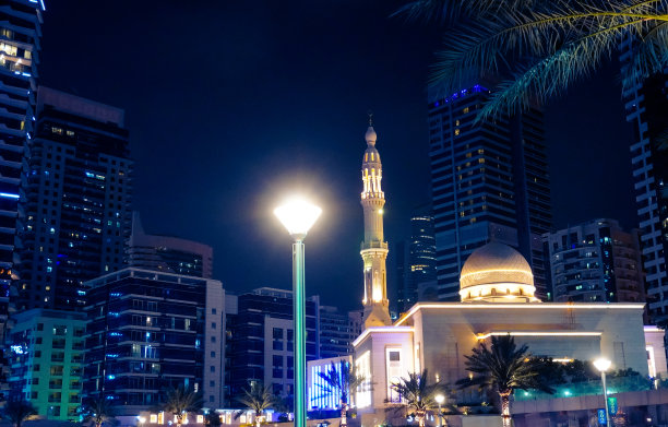 阿联酋迪拜码头夜景：摩天大楼和运河图片下载