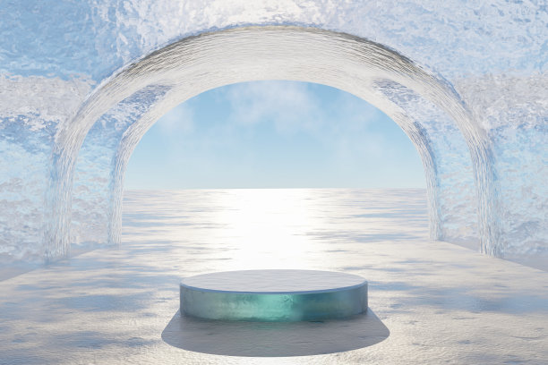 摘要3d渲染冬季场景和自然背景，冰雪地面上的冰台以冰拱门为背景天空和云彩，用于产品展示、广告等图片下载