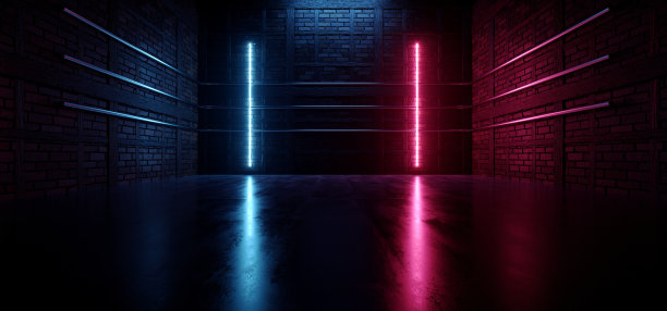 科幻未来网络垃圾混凝土激光霓虹灯发光紫蓝色走廊隧道砖墙展厅讲台夜灯谷仓仓库3D渲染图片下载