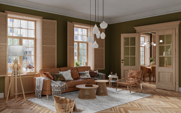 深色的客厅室内设计采用木窗和绿墙，配有现代感十足的沙发、扶手椅、落地灯、茶几等装饰元素，3d渲染图片下载