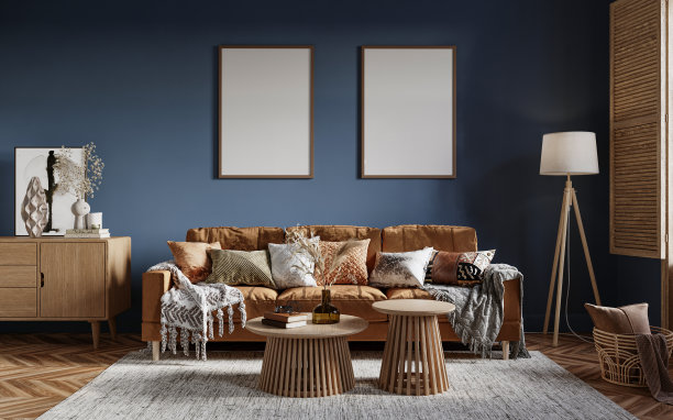 现代客厅内饰，深蓝色墙背景，舒适的沙发，餐具柜，落地灯，茶几。模型概念，3d渲染图片下载