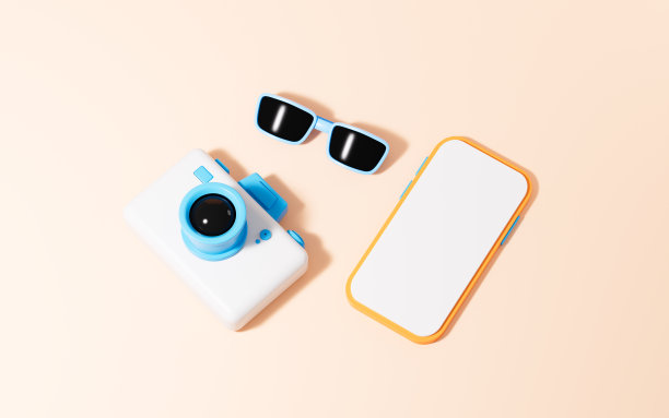相机和太阳镜在黄色背景，3d渲染。图片下载