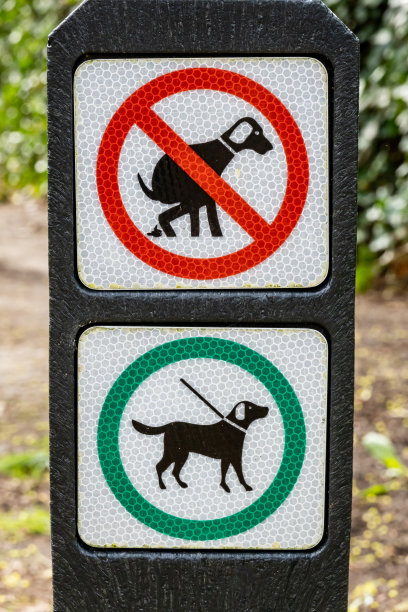 荷兰，在林地的人行道上，标有禁止狗排便和允许拴狗绳的象形文字的指示牌图片下载