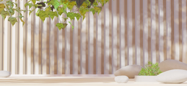 木质地板和墙壁，日式室内场景，以石头和树木装饰，极简主义背景无印良品空房间背景，禅意为主题的室内概念3D插图图片下载