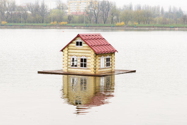 湖上漂浮着一个漂亮的木制喂养屋，里面有鸭子、天鹅和其他鸟类的食物。它是鸟类的帮手图片下载