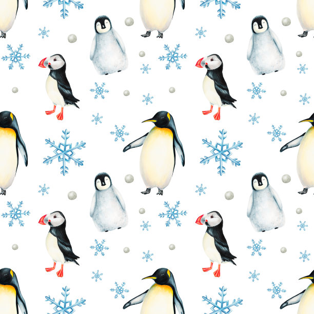 水彩冬季无缝图案与国王企鹅下的雪花和海鹦鸟隔离。手绘现实的北极和南极海洋哺乳动物。适合设计师、装饰、明信片、包装纸、剪贴簿、封面、logo、邀请函、图片下载