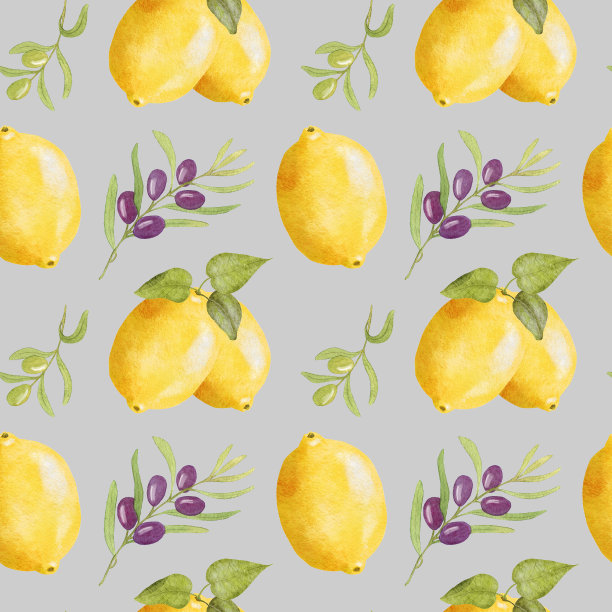 水彩画柠檬橄榄图案。柠檬和橄榄枝的无缝图案。插图是手绘的。图片下载