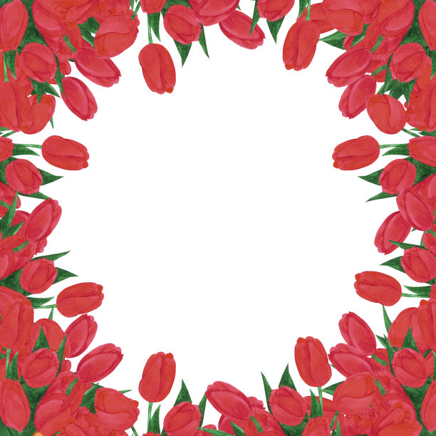 手绘水彩红色郁金香花束框架在白色的背景。剪贴簿，明信片，纺织品，邀请函，相册。图片下载