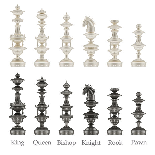 3d渲染古代棋子设置孤立的白色背景与剪辑路径图片下载